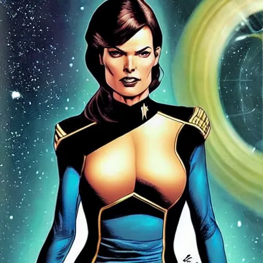 Image similar to rebecca romijn as number one, star trek strange new worlds, dark-hair, intricate, elegant, highly detailed, smooth, sharp focus, full body, visible face, detailed face, high contrast, graphic novel, art by Ardian Syaf and Pepe Larraz,