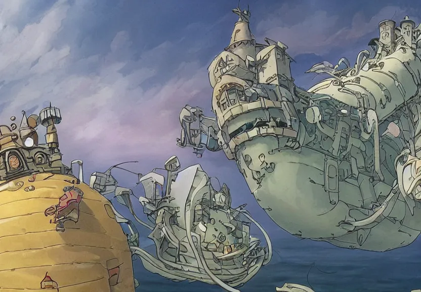 Image similar to a cell - shaded cartoon from howl'moving castle ( 2 0 0 4 ) showing a lovecraftian giant mechanized eel underwater. in the background is stonehenge on the bottom of the sea. very dull muted colors, hd, 4 k, hq