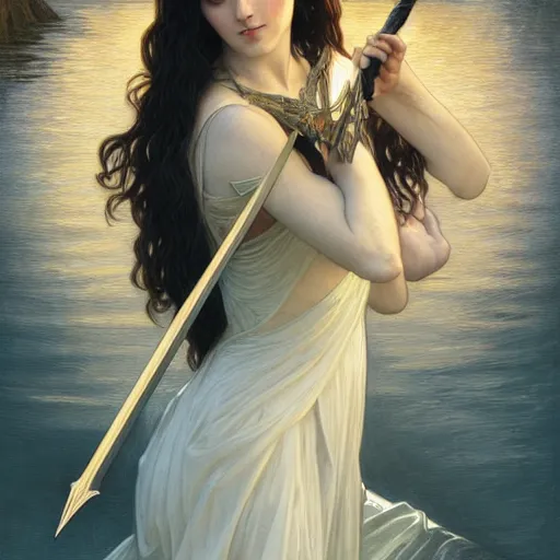 Image similar to portrait of the lady of the lake holding excalibur, elegant, art nouveau, tarot card, highly detailed, digital painting, artstation, concept art, smooth, sharp focus, illustration, art by artgerm and greg rutkowski and alphonse mucha and william - adolphe bouguereau