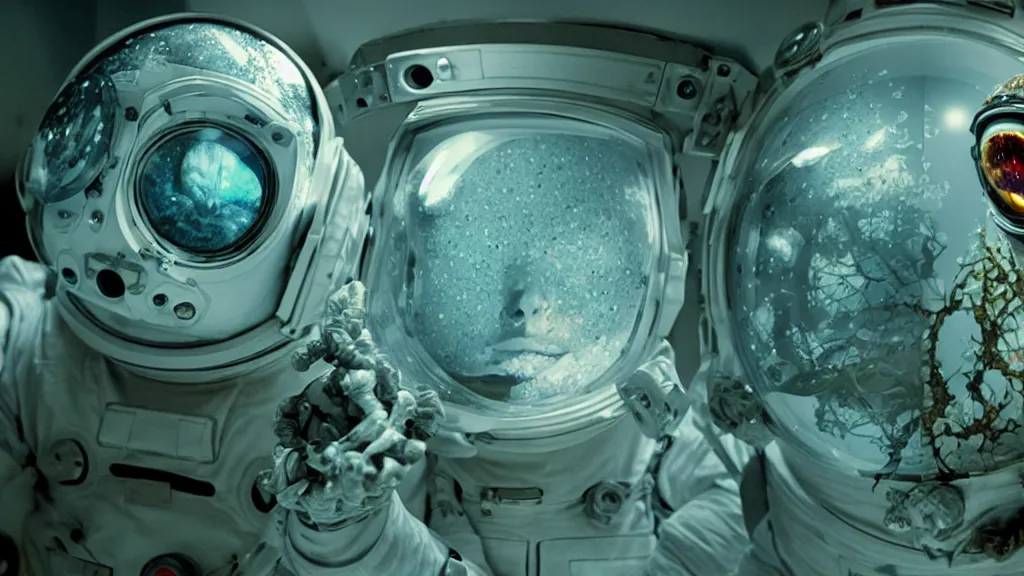 Image similar to a cybernetic symbiosis of a single astronaut eva suit swimming in infected with diamond 3d fractal lace iridescent bubble 3d skin covered with insectoid compound eye camera lenses floats through the living room, film still from the movie directed by Denis Villeneuve with art direction by Salvador Dalí, wide lens,