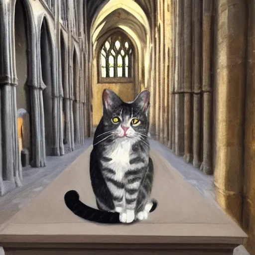 Prompt: oil painting extreme wide shot of a [ white and grey tabby cat ] wearing a [ hufflepuff scarf ], in the gloucester cathedral cloisters