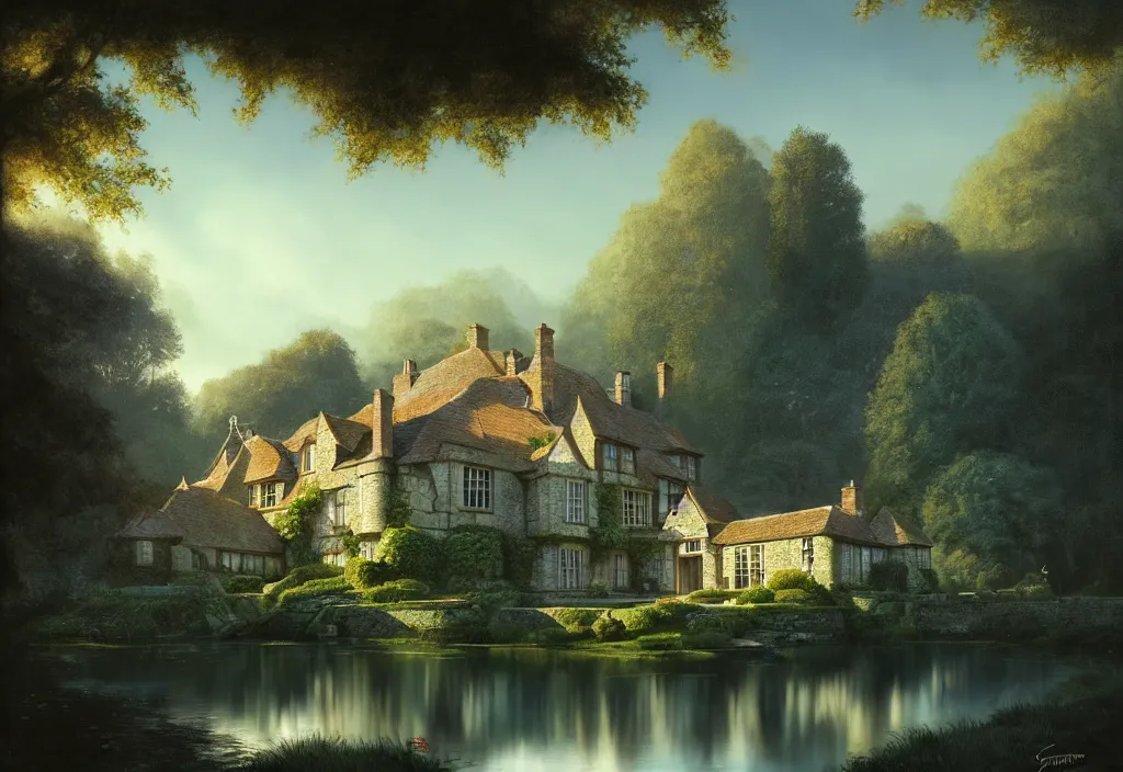 Prompt: a small tudor country house on a hillside with a pond, cinematic view, blue sky, detailed, concept art, high angle, high detail, warm lighting, volumetric, godrays, vivid, trending on artstation, by jordan grimmer, art greg rutkowski