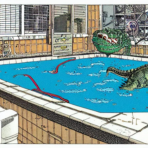 Prompt: tabby cat crocodile hybrid swimming pool “ geoff darrow ” “ katsuhiro otomo ”