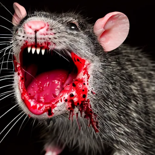 Image similar to angry, drooling, rabies infected rat with glowing red eyes and patchy, diseased skin, dirty yellow teeth splattered with blood. It's about to attack.