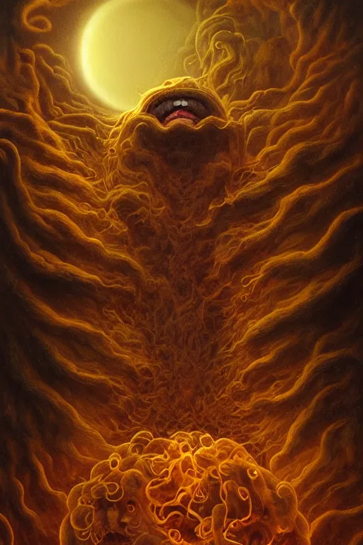 Prompt: Intricate stunning highly detailed sentient hot dog by agostino arrivabene and Vladimir Kush, surreal, digital painting, ultra realistic, Horror vacui, dramatic lighting, full moon, thick black swirling smoke tornado, burning fire embers, artstation
