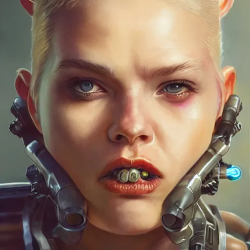 Image similar to tank girl, highly detailed, half human, half cyborg, power implants, full body transmogrify, beautiful, mesmerising, look of desire, loving stare, action shot, digital painting, trending on artstation, concept art, 4 k, sharp focus, illustration, art by greg rutkowski and magali villeneuve