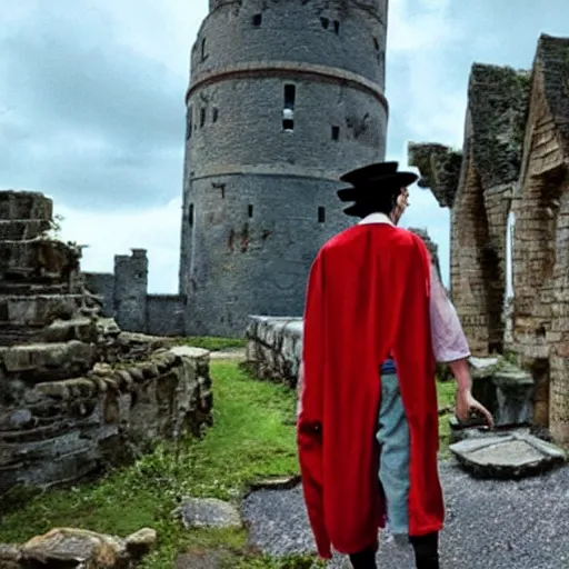 Prompt: luffy in the harry potter universe far away at some ruins from a castle. a wizard is already there and summons a portal that would take me back home.