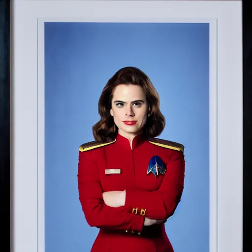 Image similar to a beautiful full body photograph of younger hayley atwell as a star fleet officer from star trek next generation, full dress uniform, symmetrical face, extreme realism and detail, 8 k, completely framed, direct lighting, 3 5 mm photo, photorealistic, sharp focus