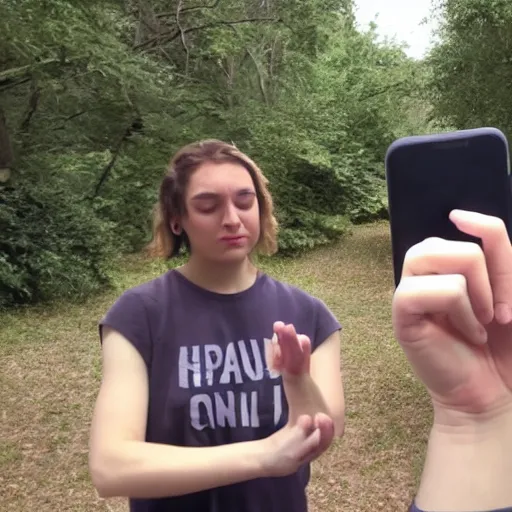 Image similar to a non - binary person flipping off a fundamentalist, iphone video still