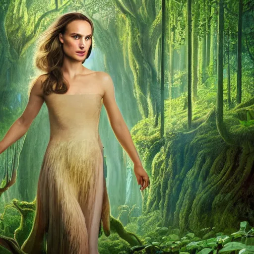 Prompt: Portrait of Natalie Portman as a dryad, characteristic sparkling green eyes, looking straight to the camera, illuminated for rays of light, behind her is an ancient forest full of life, by Annie Leibovitz, Ellie Victoria Gale and Steve McCurry, matte painting, oil painting, naturalism, 4k, 8k