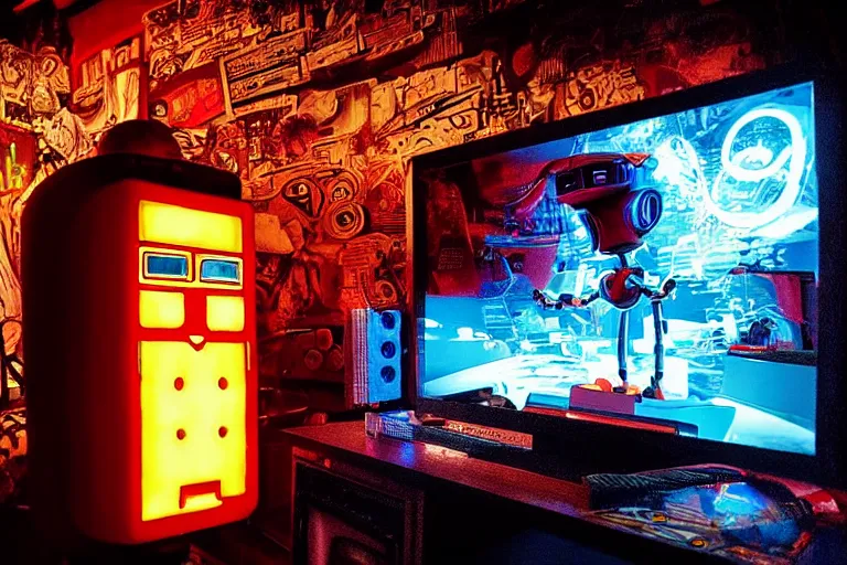 Image similar to robot staring at sonic the hedgehog in a mirrored monolith, from 1977, in a tiki bar, volumetric lighting, surrounded by crt monitors, low-light photograph, in the style of jack bridgeland