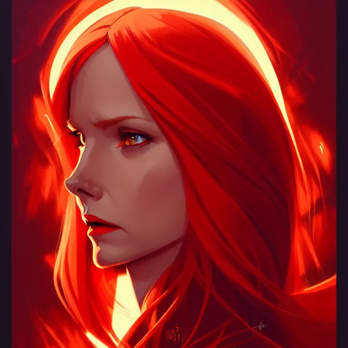 Image similar to style artgerm, joshua middleton, gerald brom, beautiful kristen bell with dark red dress, very long orange hair, symmetrical face, symmetrical eyes, fire powers fire swirling, detailed, volcano setting, cinematic lighting