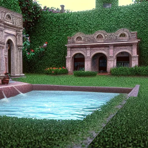 Image similar to hyperrealism photography computer simulation visualisation of detailed old bath in the detailed ukrainian village garden in dramatic scene from movie the big lebowski ( 1 9 9 8 )