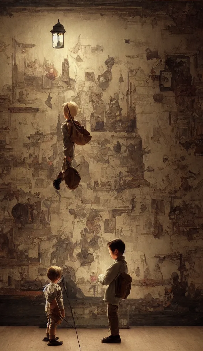 Prompt: a kid with a lantern in a museum looking at a painting showing the same scene where he is, part by Norman Rockwell, part by Greg Rutkowski , part by Mattias Adolfsson, high angle, intricate, detailed, (((volumetric lighting))), oil on canvas