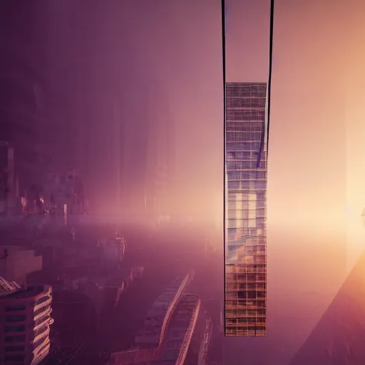 Prompt: centralized, glass elevator hanging from a tether from the clouds, computer generated, 8 k, unreal engine dynamic perspective, surrealism, concept art by dom qwek, trending on cg society, futurism, futuristic, volumetric lighting, aesthetic