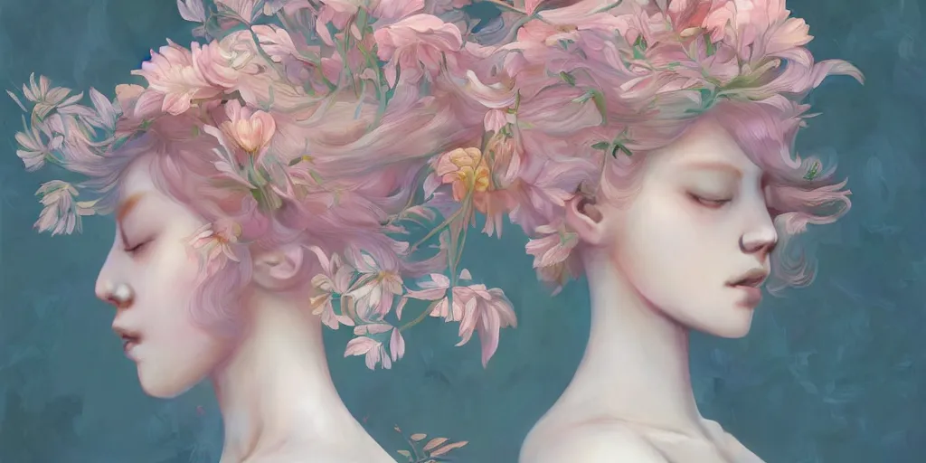 Prompt: highly detailed pastel colors of an ethereal ginger beauty morphing gradually into flowers, by artgerm and hsiao - ron cheng, smooth composition, fine patterns and detail