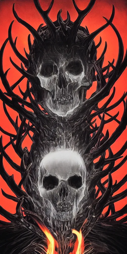 Image similar to intense glowing black metal pagan god with antlers and intense glowing white eyes with a skull on fire in very dark void by artgerm and beksinski and alphonse mucha, portrait, fantasy, clear, fire, light beams, lens flare, intense, uhd, amazing depth, cinematic lighting, black and red and intense orange and yellow