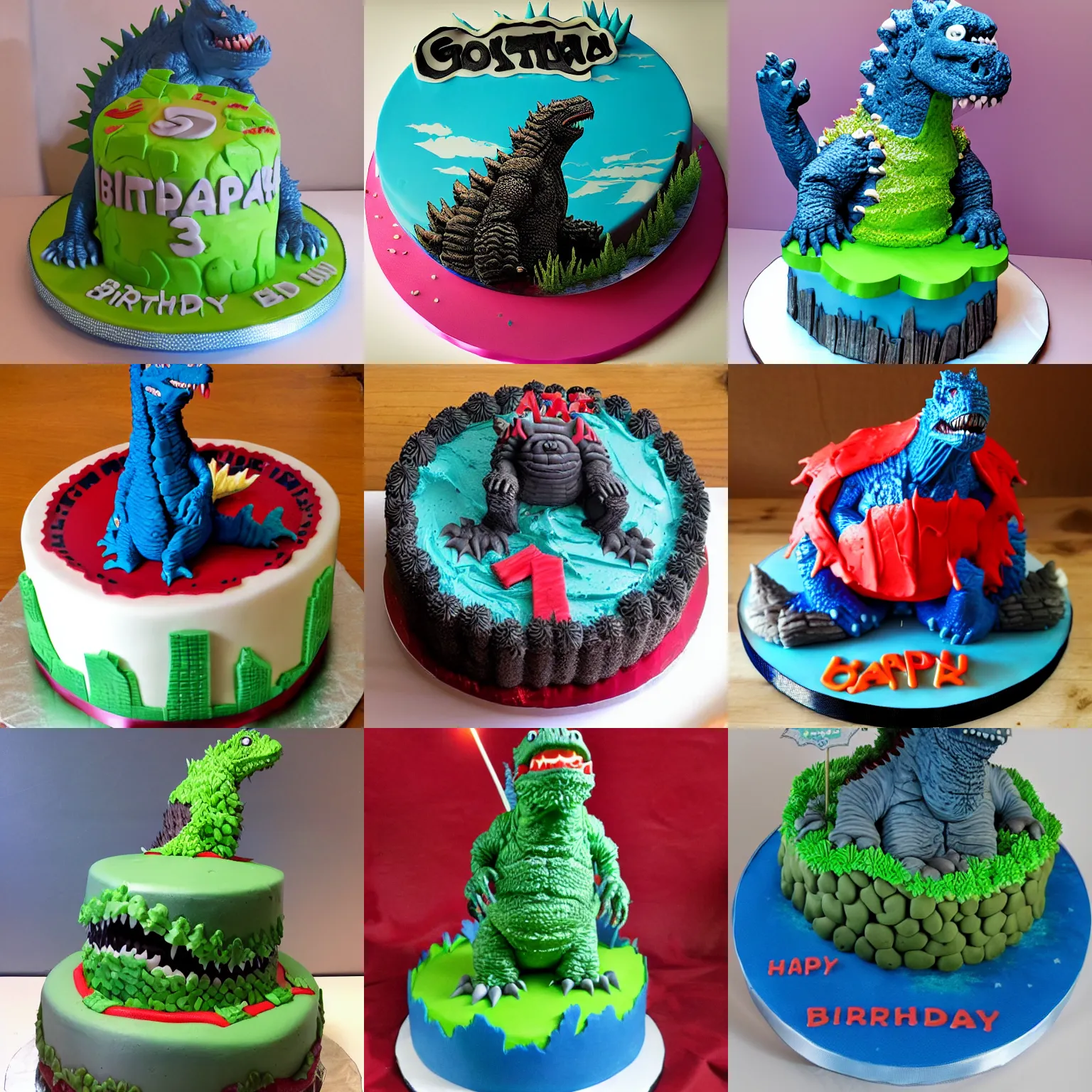 Prompt: birthday cake with frosting of Godzilla decor