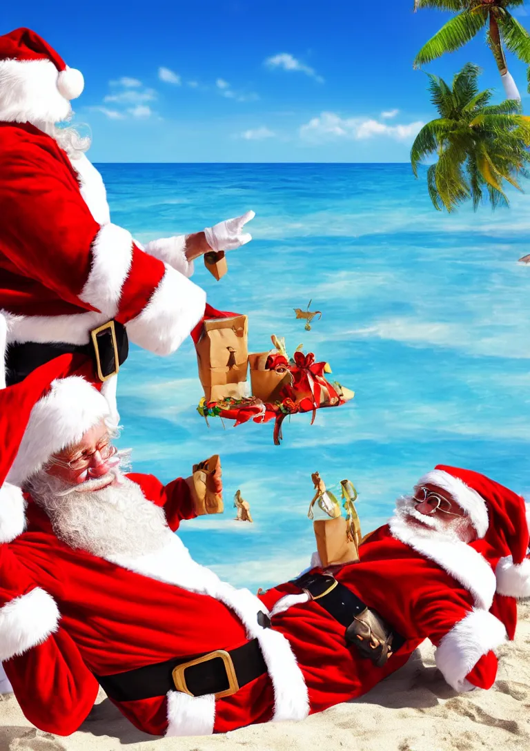 Image similar to santa claus sunbathing on the beach, 3d rendering of photo realistic image, super detailed, 4K,cinematic look