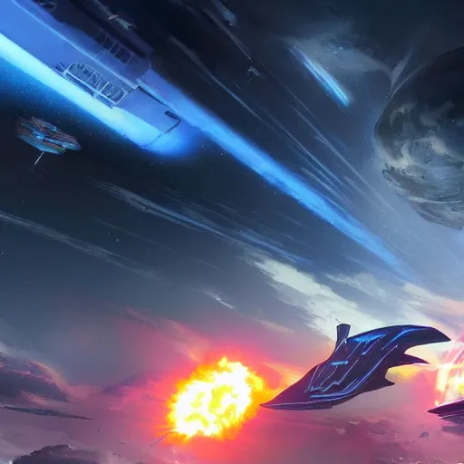 Prompt: amazing scifi landscape with one epic ship flying towards an exploding planet, blue color scheme, cinematic lighting, epic scale