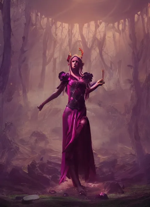 Image similar to enchanted cult girl performing ritual, concept art, elegent, magic background, character portrait, dynamic lighting, octane render aesethic, matte painting, gaudy colors, detailed