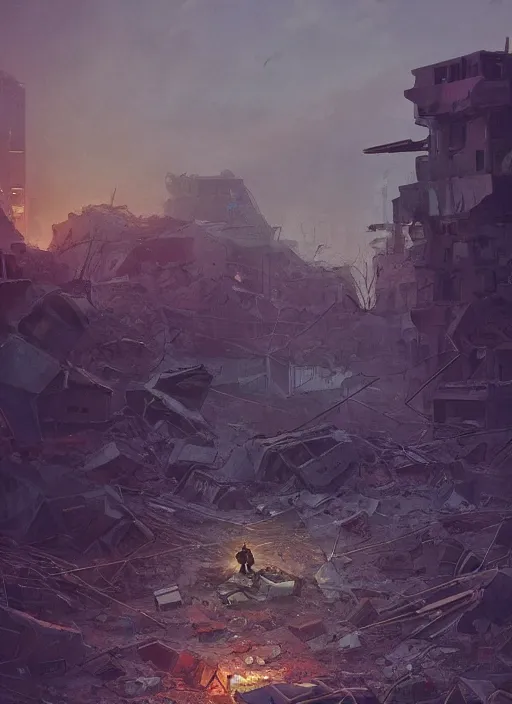 Image similar to A bipedal mech standing among the rubble of a destroyed city by Simon Stålenhag, artstation, mecha, military, science fiction, digital painting, 4k