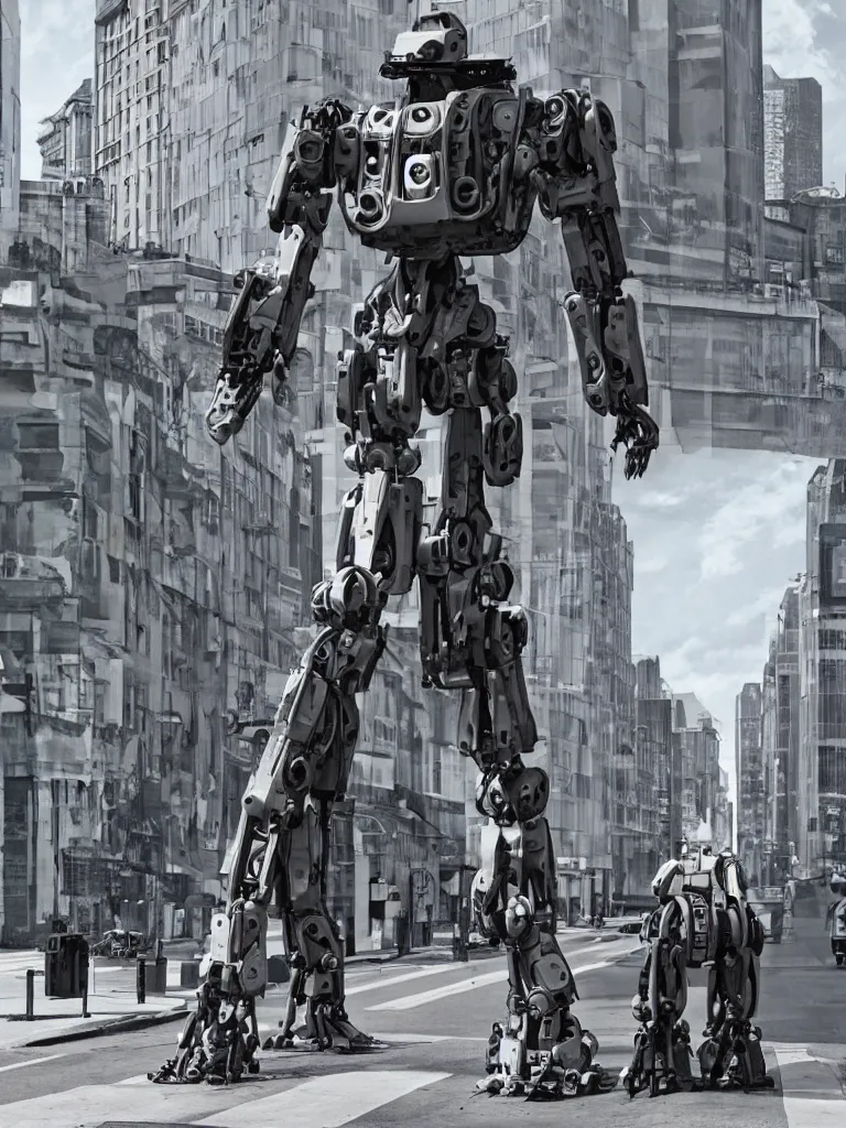 Prompt: a mech robot on a modern street, realistic