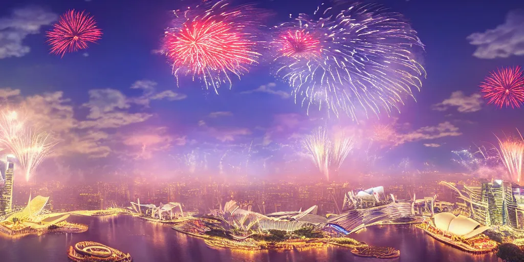 Prompt: Singapore city with a lion-shaped cloud in the sky and fireworks in the sky, by Studio Ghibli, red and white lighting, digital art, ultra realistic, ultra detailed, photorealistic, 4k, character concept