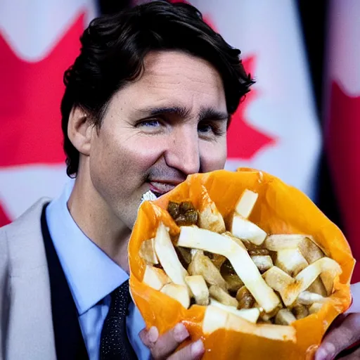 Image similar to a poutine with full of canadian cash inside served by happy Justin Trudeau