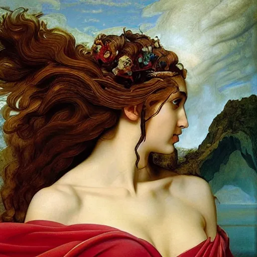 Image similar to Head and shoulders masterpiece portrait oil painting of the beautiful goddess Gal Gadot as Venus, she is wearing roman clothes and a surreal jewelry, her hair is natural disheveled, she is approaching heaven over the clouds, naturalism, dramatic lighting, high-detailed oil painting by Ilya Repin, Michelangelo da Caravaggio, William Blake, Alex Grey and Beksinski, trending on Artsation, hystorical painting, naturalism, masterpiece, 4k, 8k,