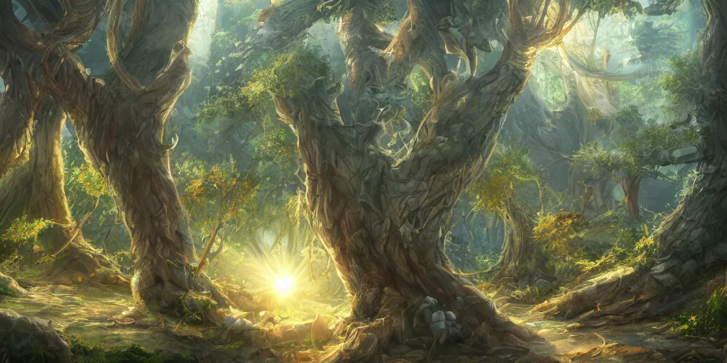 Image similar to a fantasy town nestled within the boughs of yggdrasil, illustration, bright sunlight, sun glints, sunrays, digital art, hyperrealistic, oil painting, fantasy, 8 k, trending on artstation, detailed