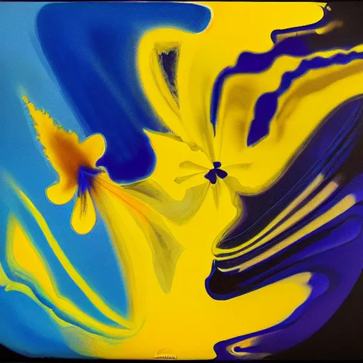Prompt: an amazing ultrafine airbrush painting of blue and yellow flowers on a black background, by morris louis bernstein, georgia o ’ keefe, and rachel reckitt, deviantart, featured on dribble, metaphysical painting, biomorphic, oil on canvas, bioluminescene