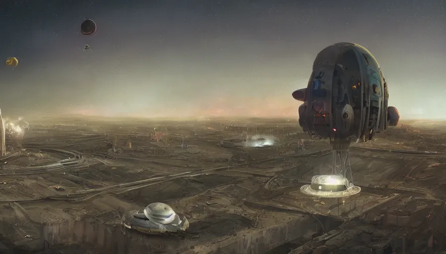 Image similar to a beautiful matte painting of a flying science fiction space ship over the old soviet city simon stalenhag and alan bean, trending on artstation, realistic rendering