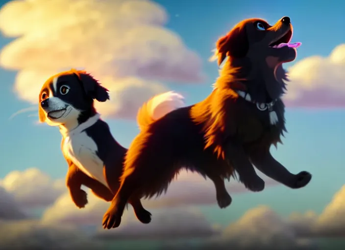 Image similar to a wholesome animation key shot of a black tibetan spaniel, jumping, studio ghibli, pixar and disney animation, sharp, rendered in unreal engine 5, anime key art by greg rutkowski, bloom, dramatic lighting