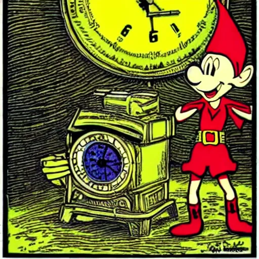 Image similar to Joe Rogan interviewing a psychedelic clock-work Elf, by R. Crumb and Walt Disney