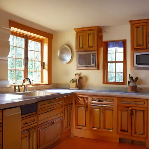 Prompt: kitchen, with cabinets in background, sunrise, large round window,