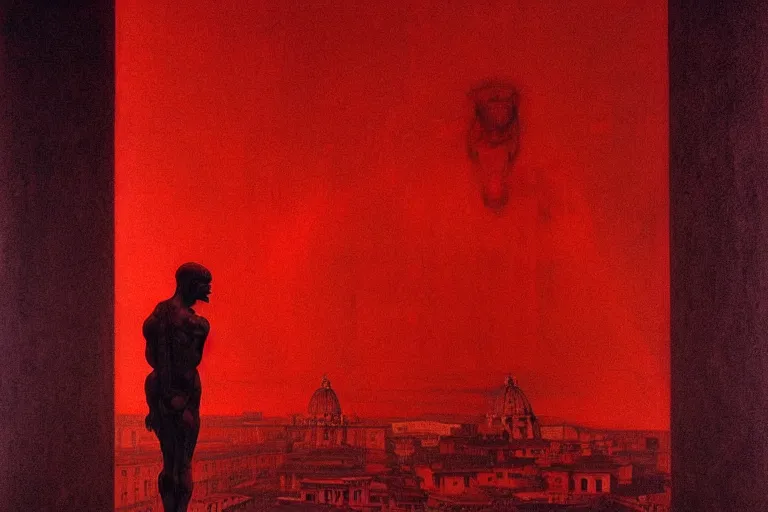 Image similar to only with red, caesar after war, a red tiger, in hoc signo vinces, rome in background, an ancient path, in the style of beksinski, part by hopper, part by rodcenko, part by hofbauer, intricate composition, red by caravaggio, insanely quality, highly detailed, masterpiece, red light, artstation