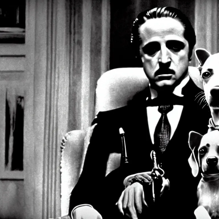 Prompt: cinematic scene screen cap from the godfather with an anthropomorphic dog in a suit