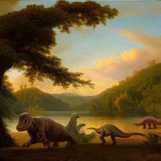 Image similar to Trias with dinosaurs, in the style of the Hudson River School