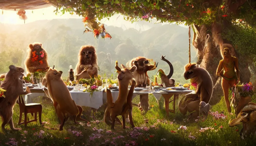 Image similar to a table dinner of exotic animals where animals are dressed like the characters from the midsommar movie wearing flowers, realistic detailed digital art by maxwell boas jessica rossier christian dimitrov anton fadeev trending on artstation cgsociety rendered in unreal engine 4 k hq