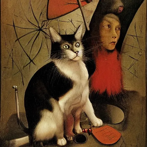 Image similar to stunning portrait of the cat of cheshire faithful to lewis carol's book description by hieronymus bosch