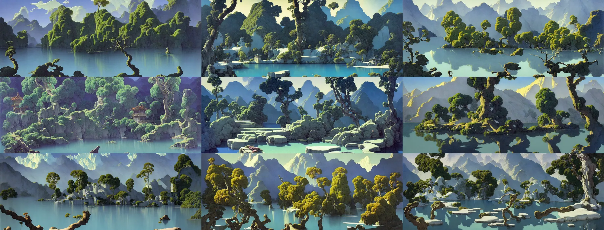 Prompt: a gorgeous painting by barlowe wayne maxfield parrish and marco mazzoni. left side there is a very close - up shot on a branch with 3 leaves!! china mountain village!! grey blue and light verdancy. the lake ice is melting. the winding stone steps. ultra clear detailed. hd. 3 d, octane render. 8 k