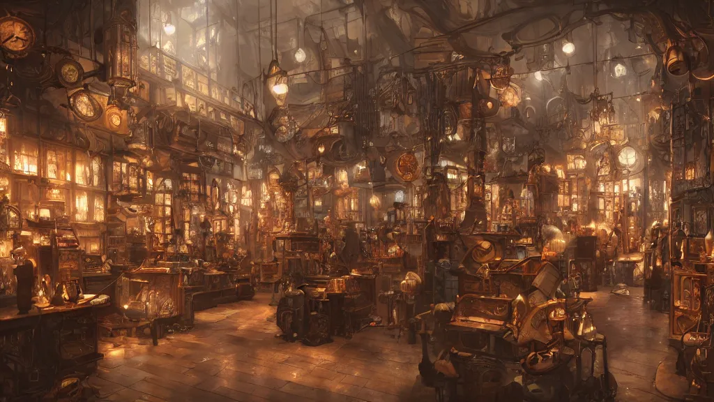 Image similar to A highly detailed image of a steampunk store, by Danar Worya, by Greg Rutkowski, by artgerm, by beeple, volumetric lighting, 4k resolution, octane render, trending on artstation