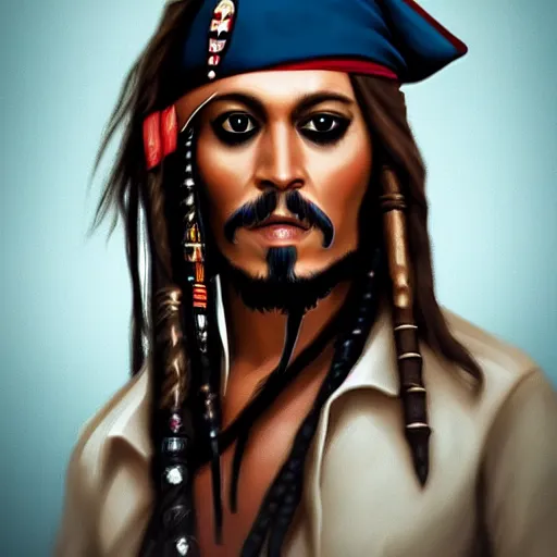 Image similar to portrait of captain jack sparrow, clear clean face, symmetrical face, blurry background, pose, trending on artstation, alexandra fomina artstation, face by ilya kushinov style, style by loish, painterly style, flat illustration, high contrast