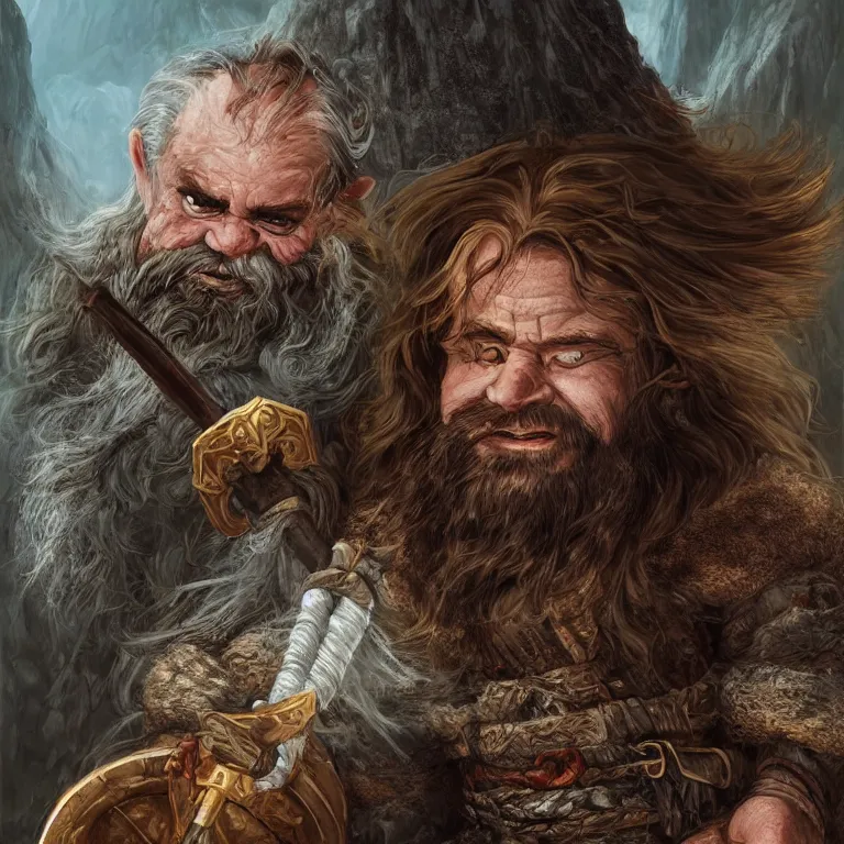 Image similar to dwarf with hammer in mountains, lord of the rings style, fantasy, poster, character portrait, portrait, close up, concept art, intricate details, highly detailed, full body, 8 k, detailed face, body