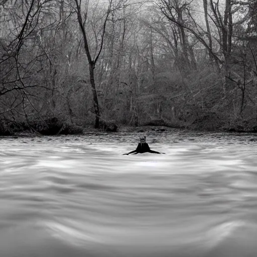 Image similar to photo of a ghostly figure floating over a river, cinematic, blair witch project, real