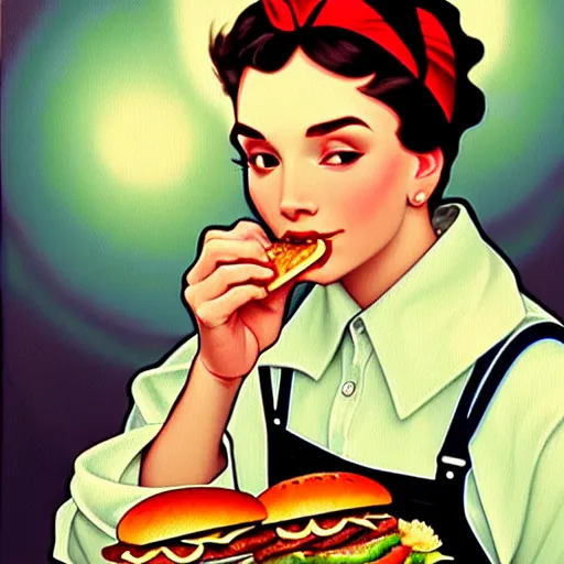 Prompt: oil painting of rosie the riveter eating big mac hamburgers, intricate, elegant, highly detailed, lighting, inspirational ethereal feminine painting, artstation, smooth, illustration, art by greg rutowski and alphonse mucha