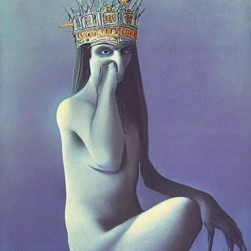 Prompt: Artemixel, the modern reincarnation of the old selenium god of hunt and moon, also known as Artemis or Selene, carrying the crown of the crescent moon. They are crowned by a bright and slightly bluish crescent like the brightness of the night. Portrait by Zdzislaw Beksinski and Jeffrey Smith, oil on canvas.