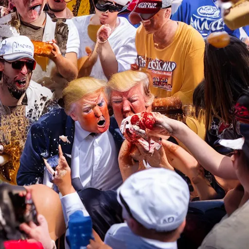 Image similar to donald trump slamming pudding onto citizens, citizens soaked with pudding, golden hour, boardwalk, professional photography