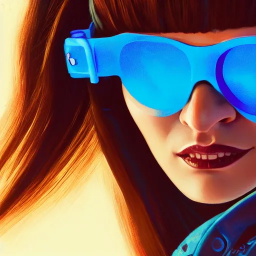 Image similar to closeup painting of a very beautiful young mexican cyberpunk woman smirking, wearing light blue shutter shades and a dark brown leather jacket, one side haircut, long brown hair with light blue ends, portrait, hyperdetailed, artstation, cgsociety, 8 k, synthwave by tangerine dream